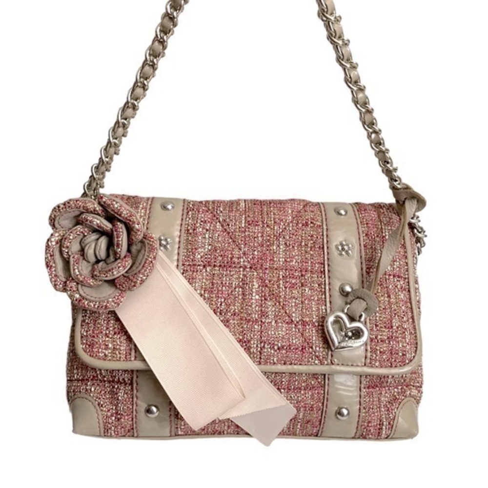 Brighton pink gray/taupe tweed flap chain shoulder bag BEAUTIFUL with rose